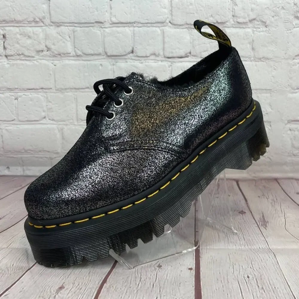 Dr. Martens 1461 Quad Faux Fur Lined Metallic Platform Derby Shoes Women's Sz 7
